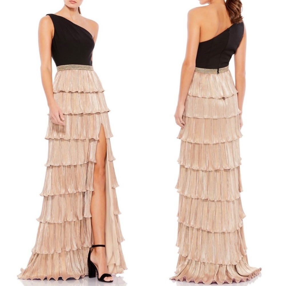 IEENA FOR MAC DUGGAL One Shoulder Layered Black Gold Metallic Ruffle Gown